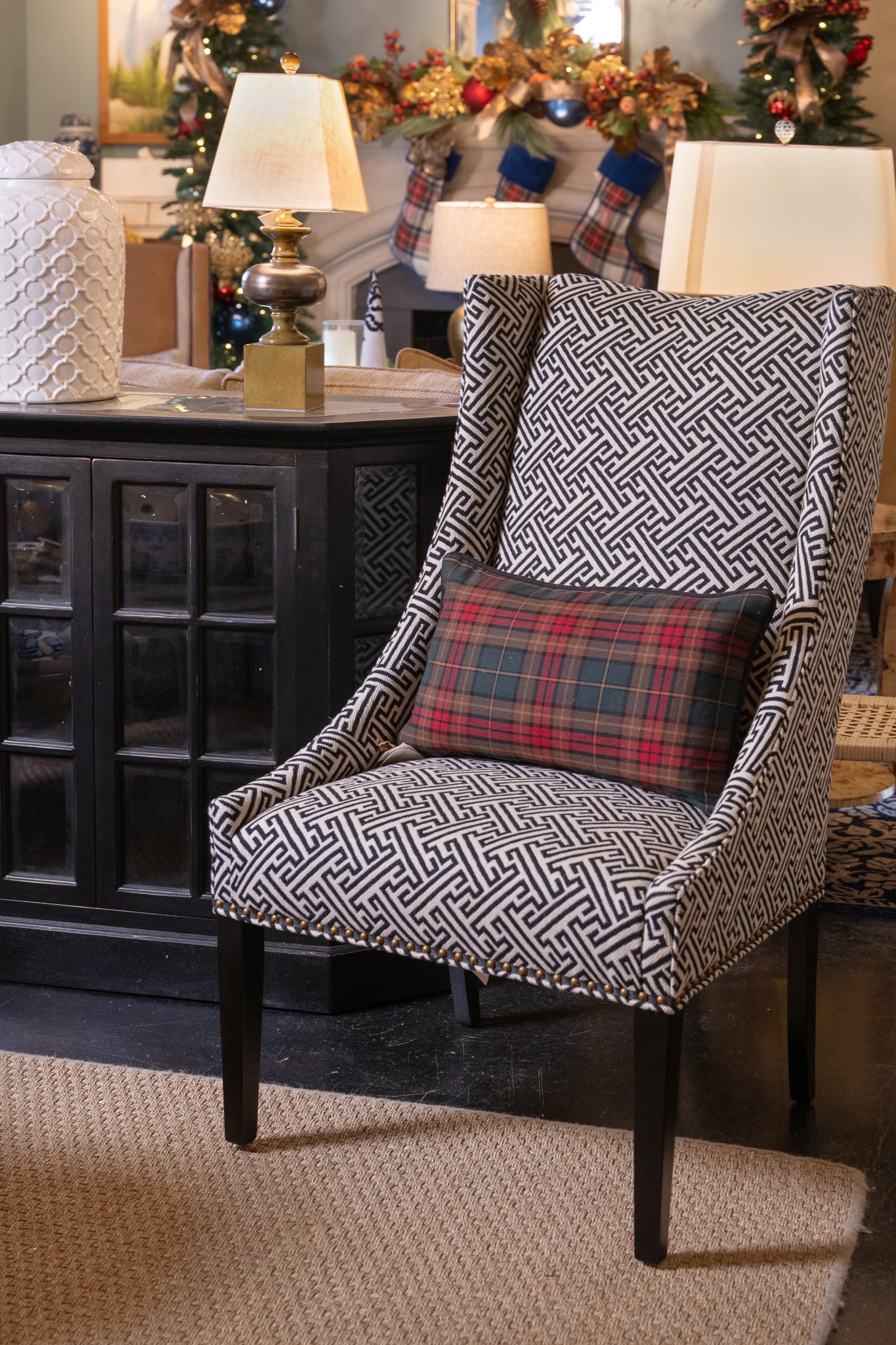 Athena Greek Key Black and White geometric upholstery fabric by the yard from Nell Hill's on a custom chair