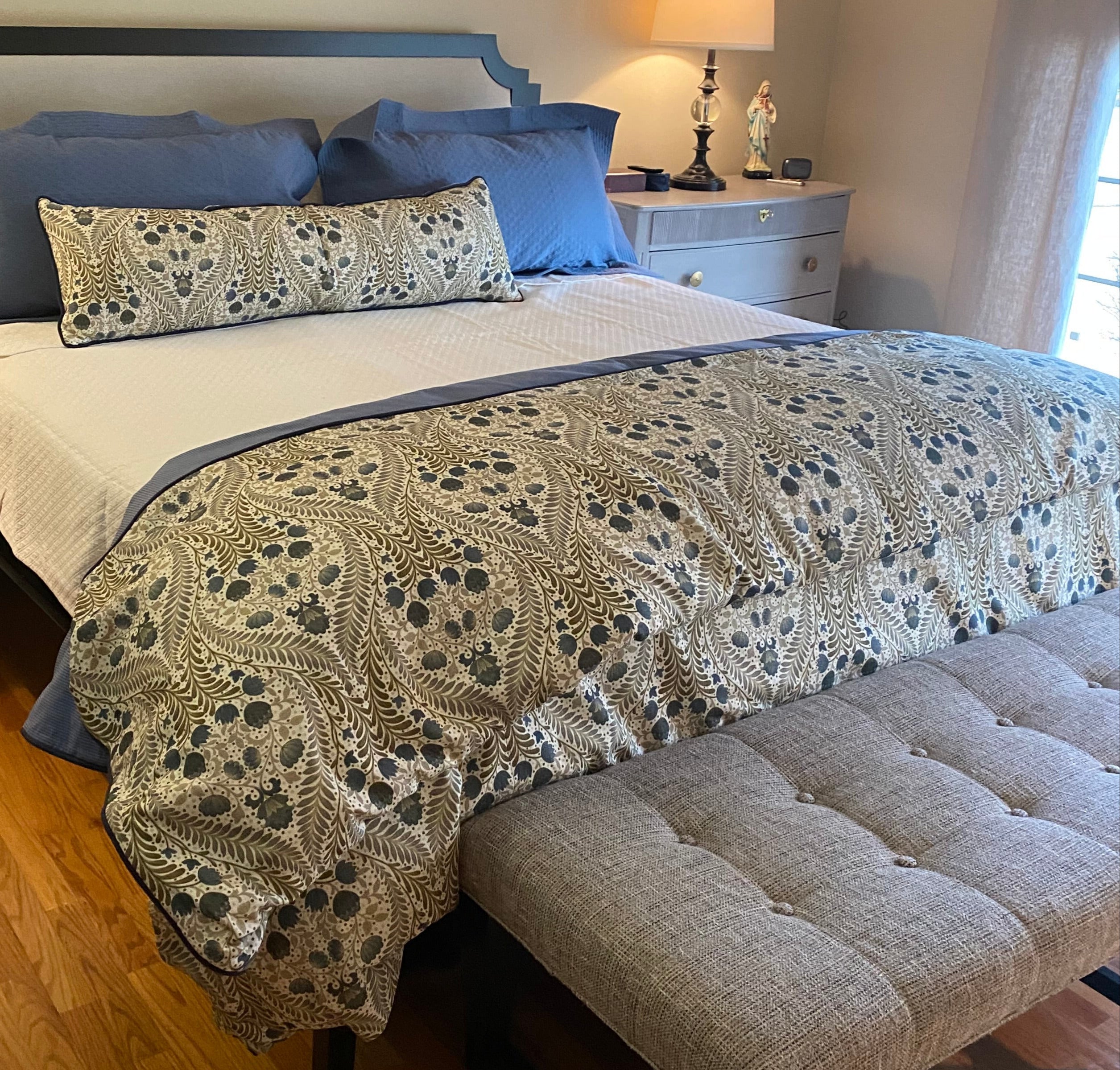 Pillow sham and Duvet cover hand made in Berkshire Bluestone floral trellis blue and green fabric by the yard from nell hill's