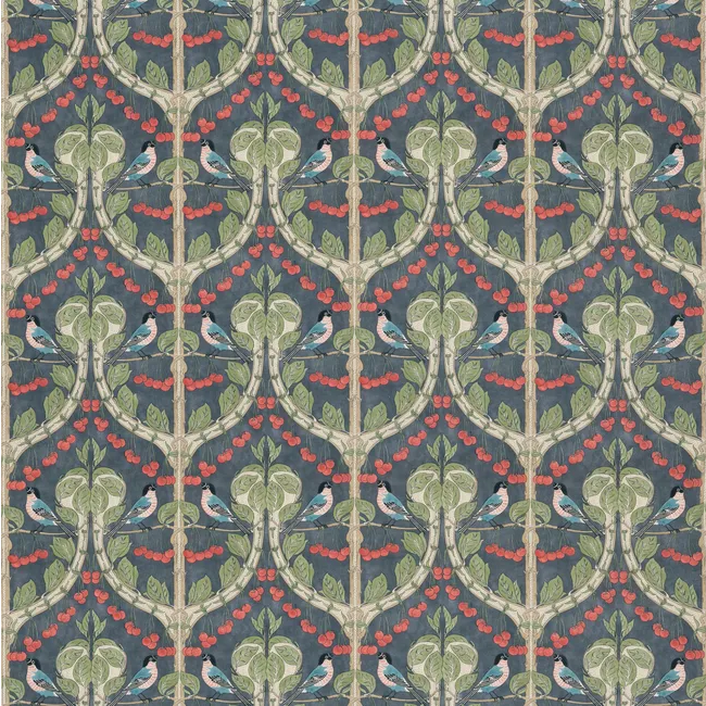 Birds and Cherries blue, green, red cherries, bird, and leaf repeat pattern cotton fabric by the yard from nell hill's