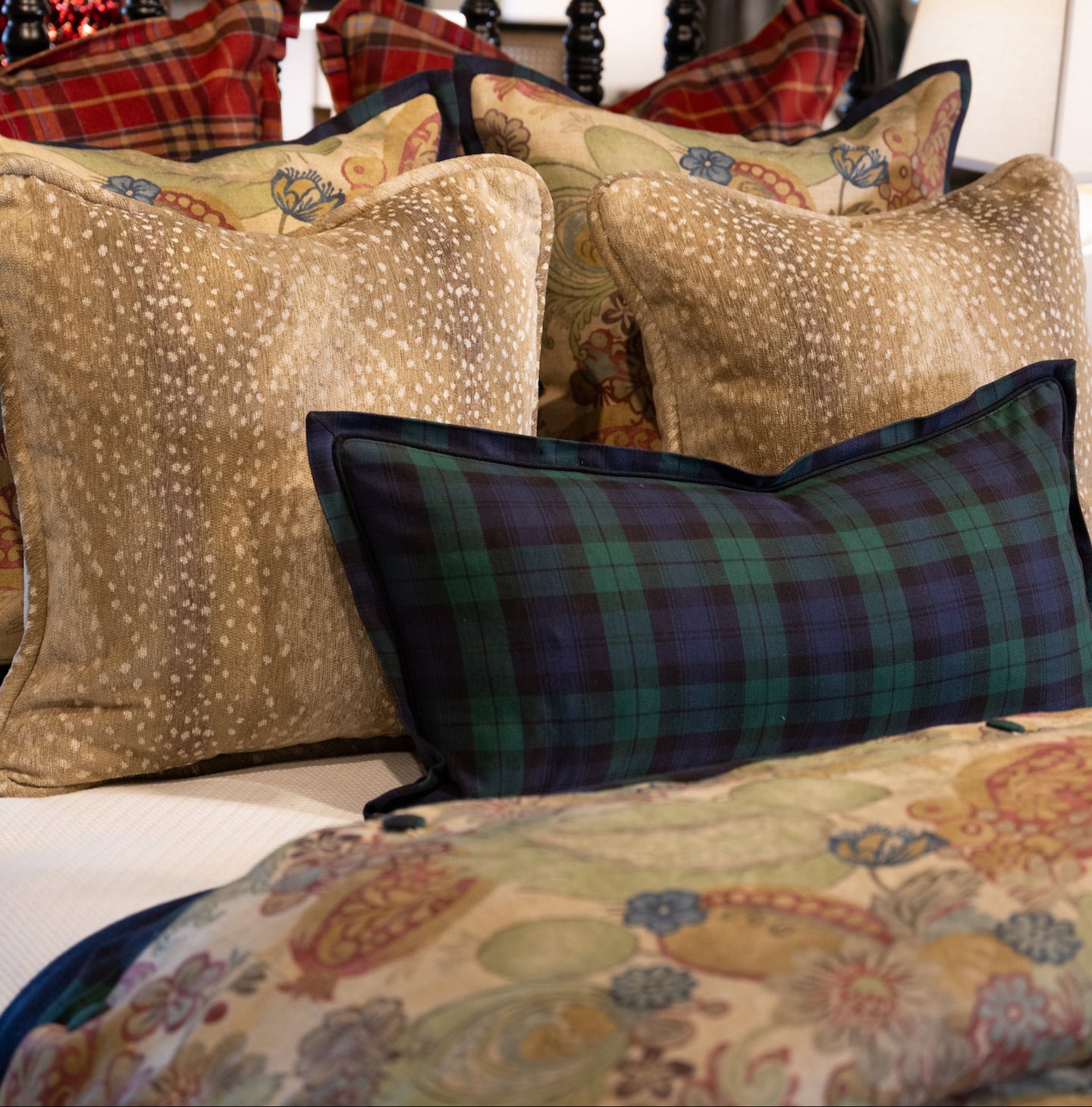 Pillow Shams in Black Watch Cotton Tartan plaid blue green black fabric and Frontier Fur Tan and White Animal Print Fabric by the yard from Nell Hill's