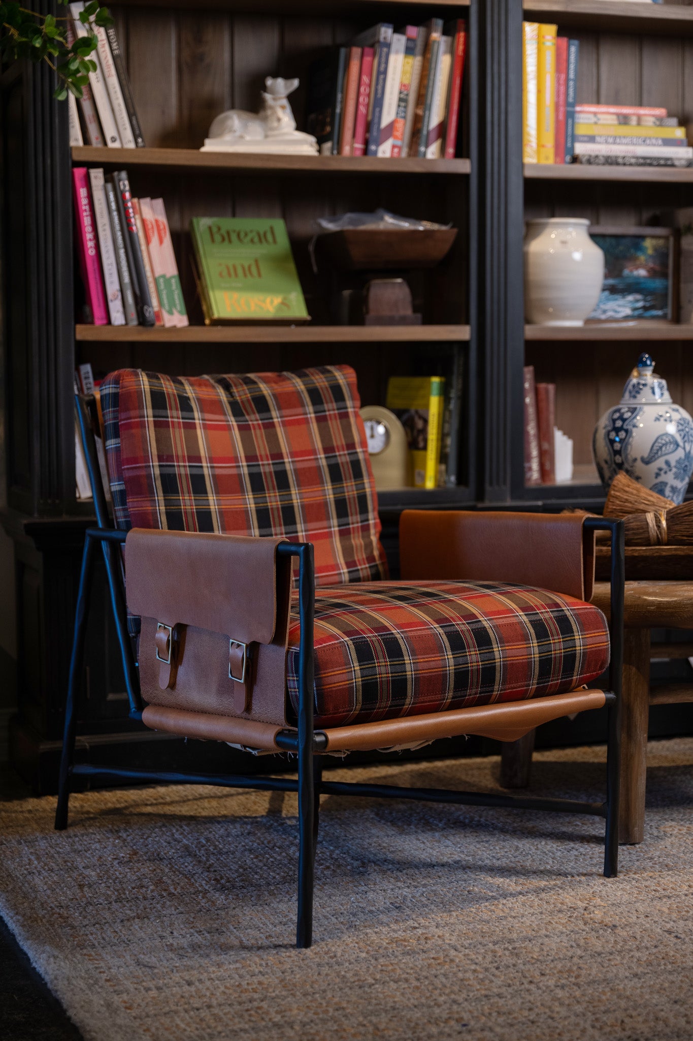 Apple grove plaid tartan fabric by the yard from Nell Hill's on a custom arm chair.