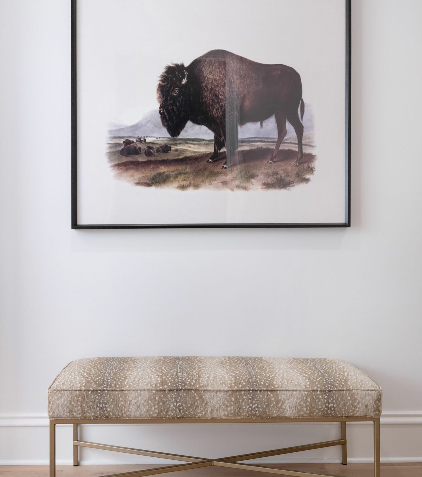 Bench upholstered in Nell Hill's Frontier Fur Performance Fabric by the yard.