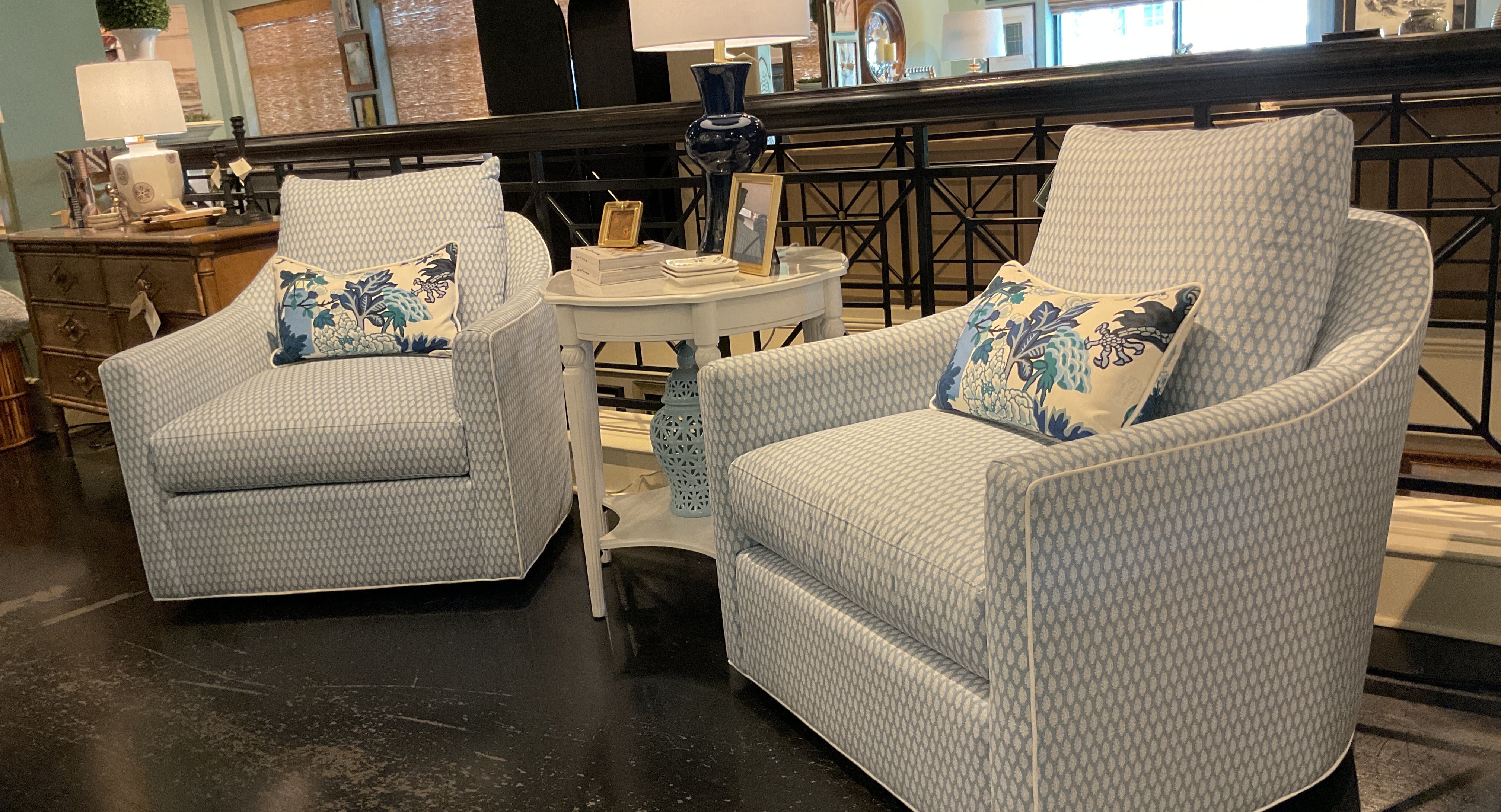 two arm chairs in Bridget Chambray blue and white small petite floral pattern affordable fabric by the yard from nell hill's