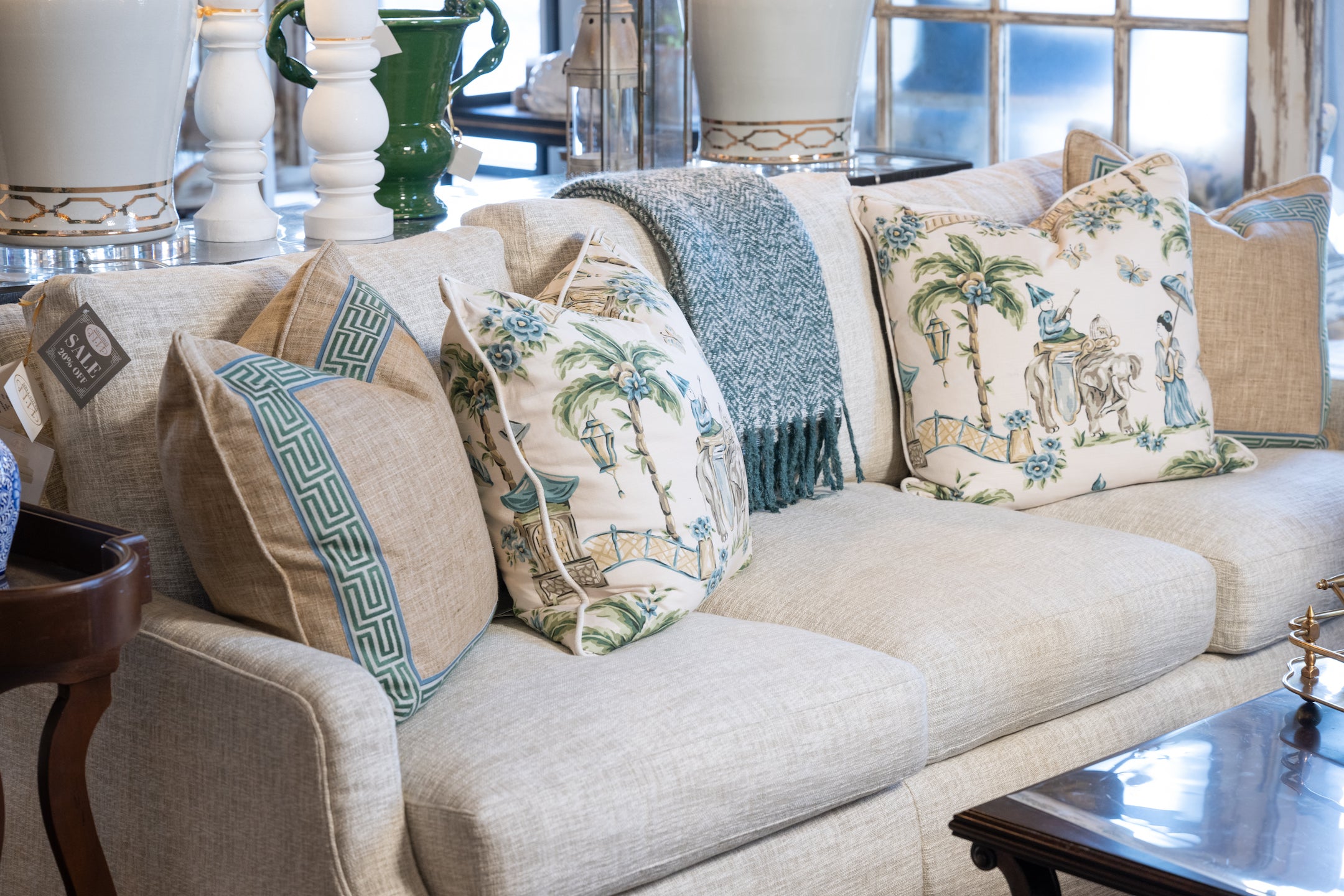 Spring pillows on sofa