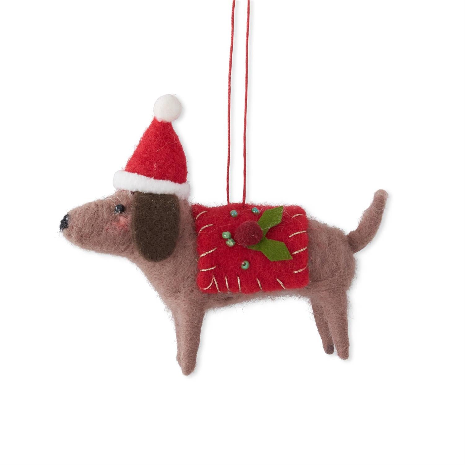 Wool Dog w/Red Hat & Coat Ornament