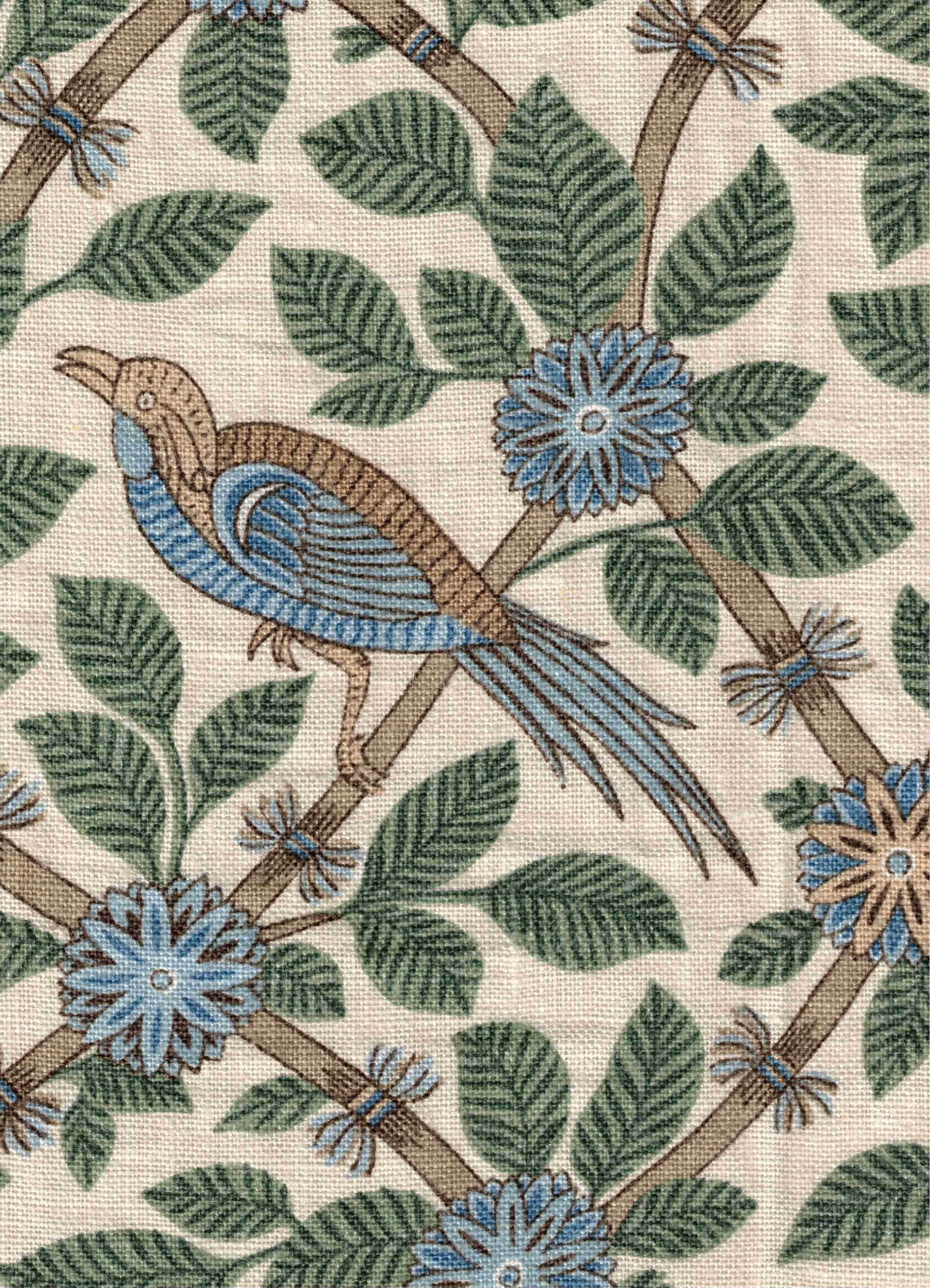 Bamboo Birds toile floral green, blue, tan fabric by the yard from nell hill's