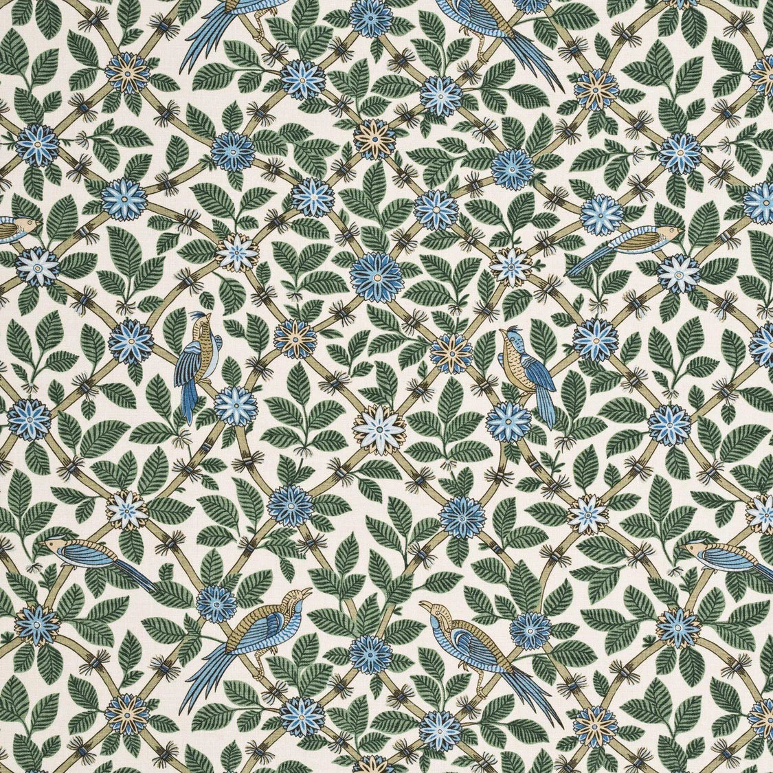 Bamboo Birds toile floral green, blue, tan fabric by the yard from nell hill's