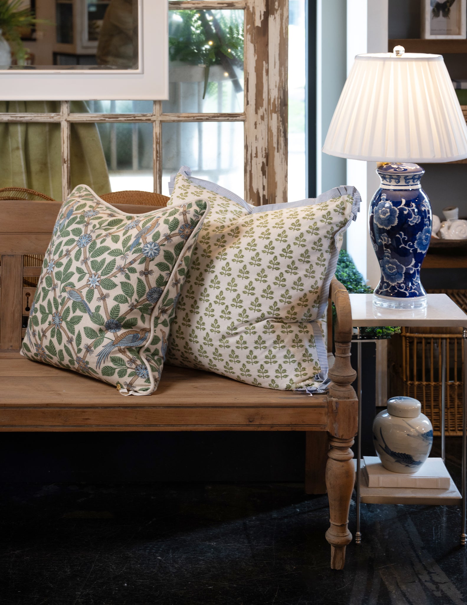 Pillow Sham in Bamboo Birds toile floral green, blue, tan fabric by the yard from nell hill's