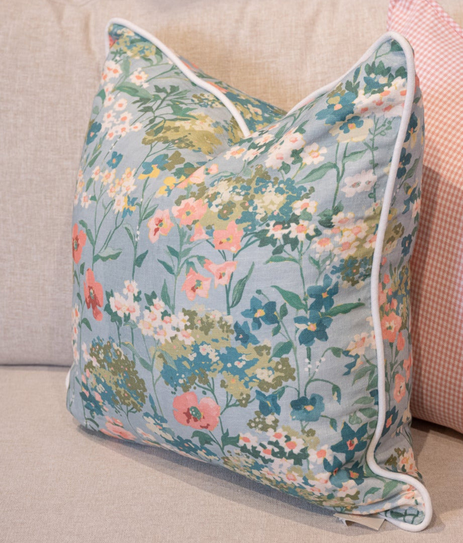 Pillow Sham in Beatrice Aqua floral pink, blue, yellow, white, green fabric by the yard from Nell Hill's