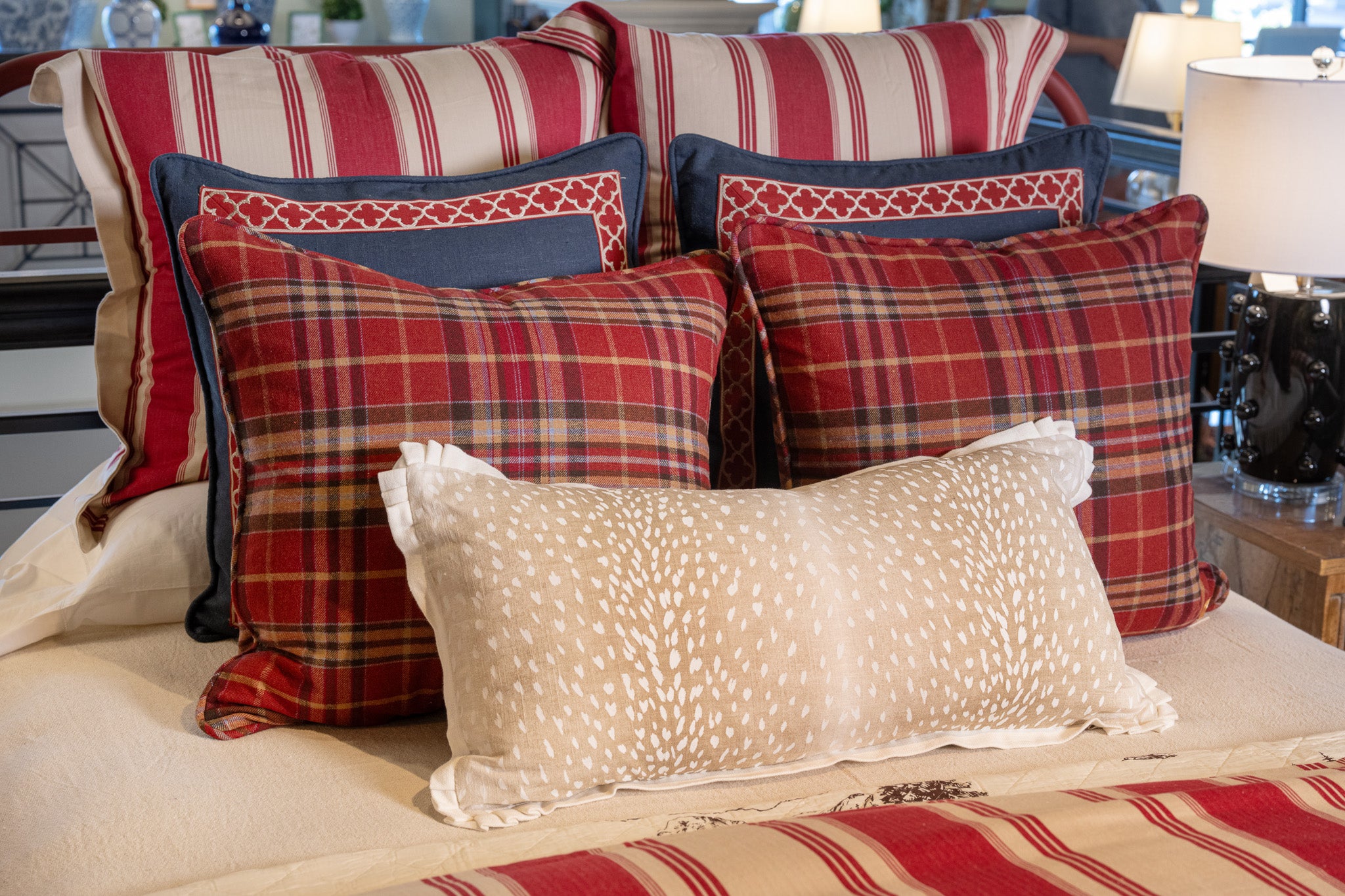 Bennett Pompeii Red, beige, black, coral Plaid wool blend fabric by the yard from Nell Hill's