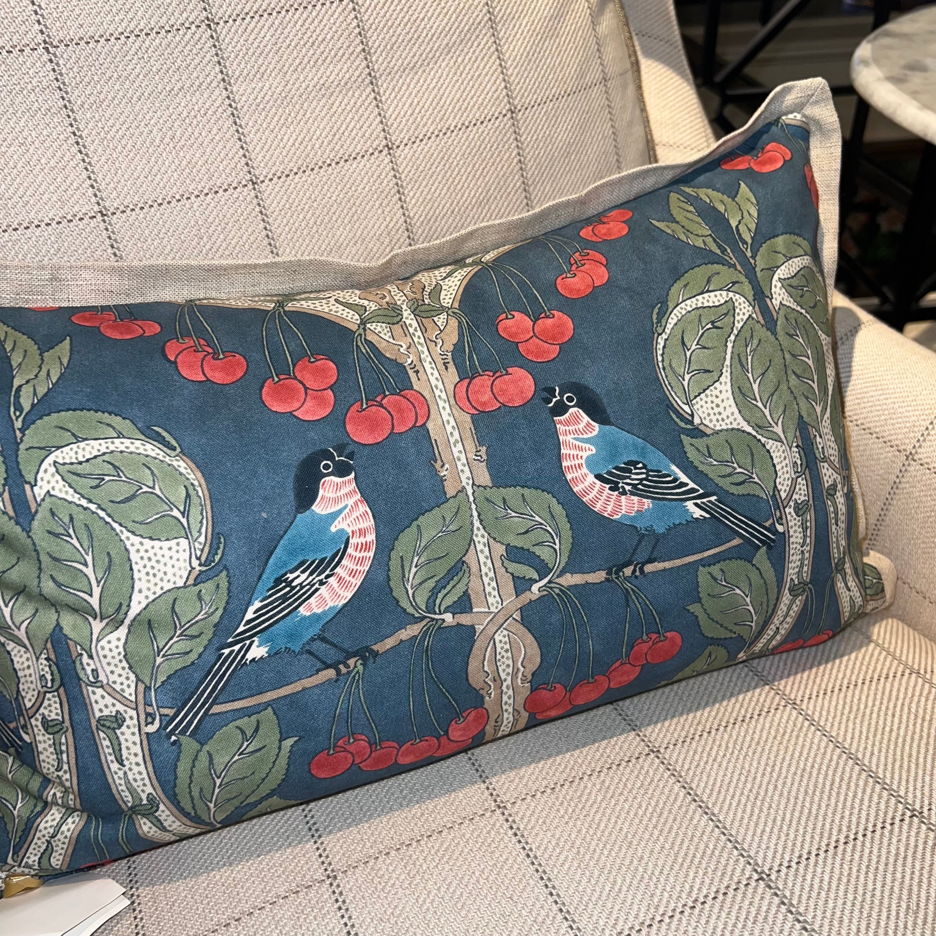 Pillow Sham in Birds and Cherries blue, green, red cherries, bird, and leaf repeat pattern cotton fabric by the yard from nell hill's