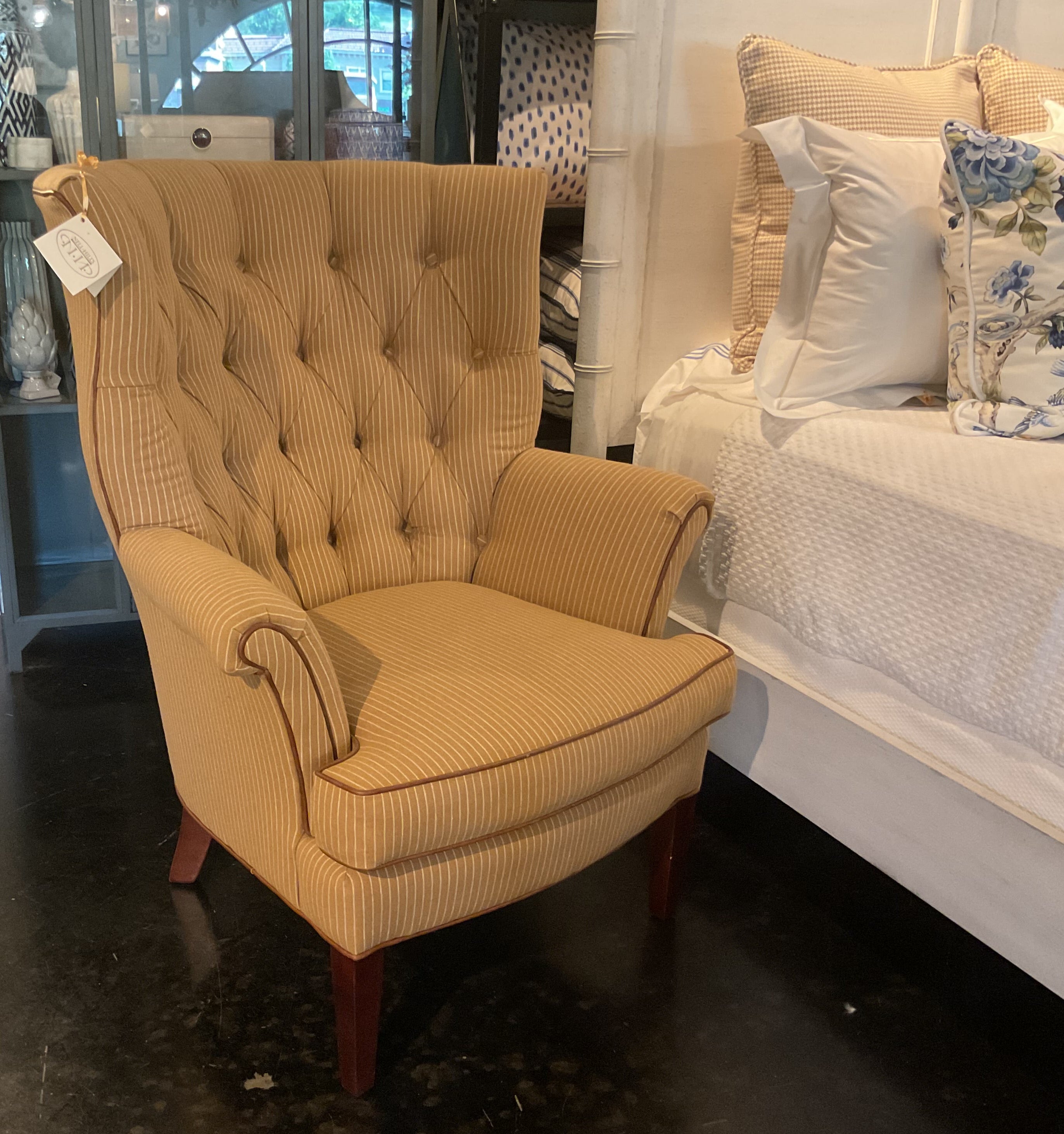 Arm Chair in Button Up Camel camel and White pinstripe stripe wool blend fabric by the yard from nell hill's