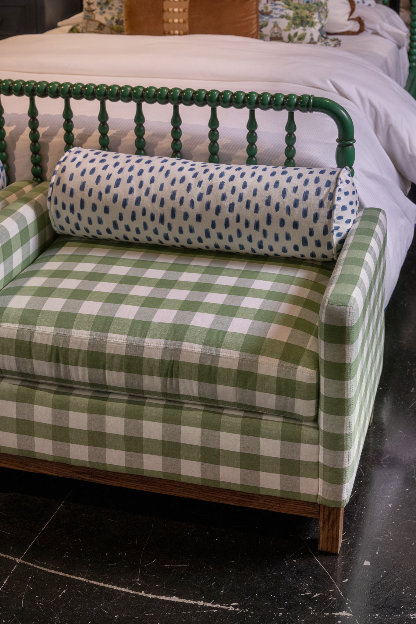 Small Bench in Brookside Kiwi green and white checkered gingham cotton fabric by the yard from nell hill's