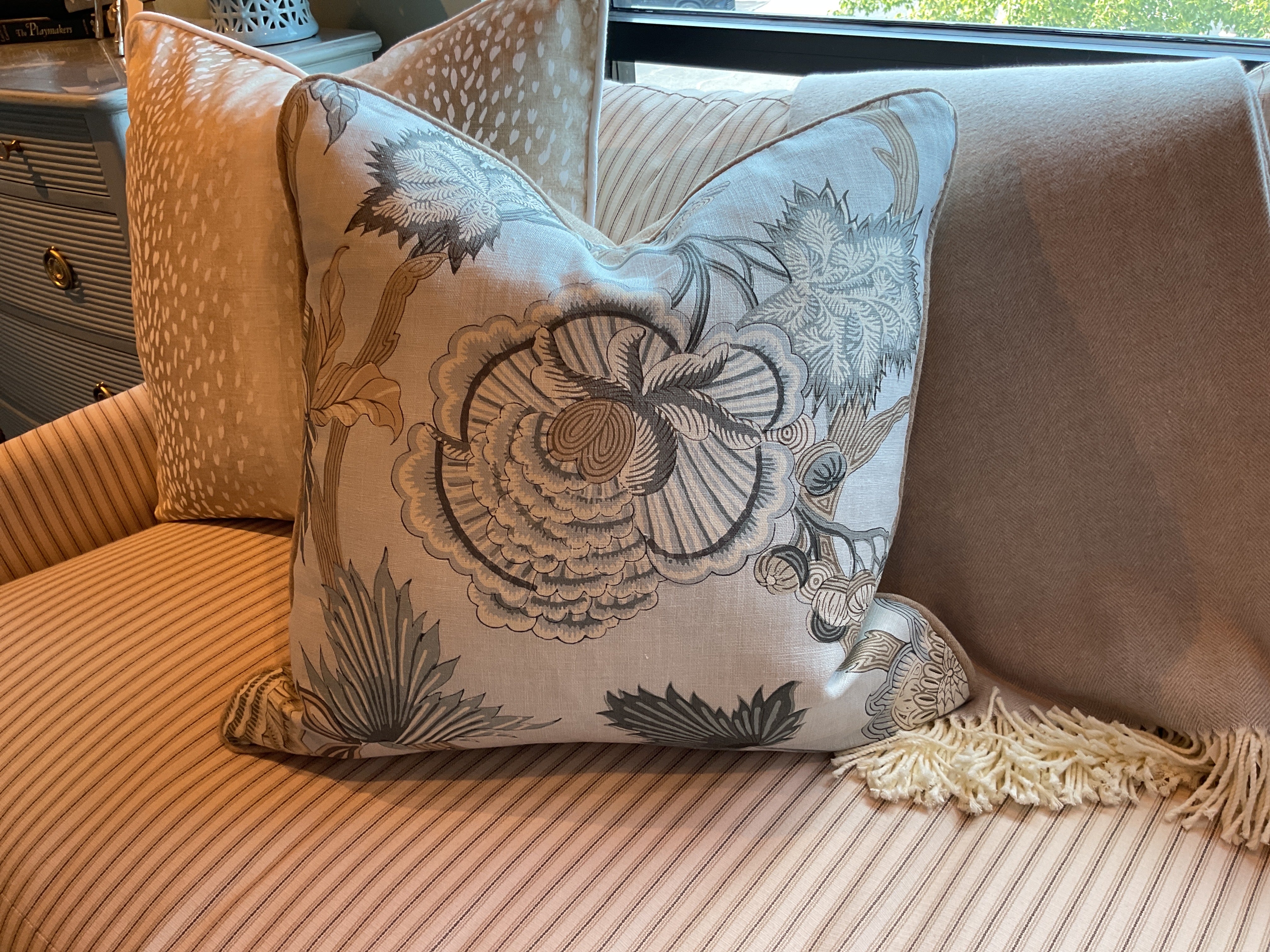 Indienne Jacobean Robins Egg (Front) w/ Greige Cord Pillow Sham