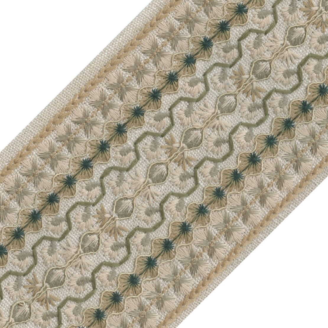 Muralla Sage Tape Trim by the Yard from Nell Hill's hand embroidered floral motif