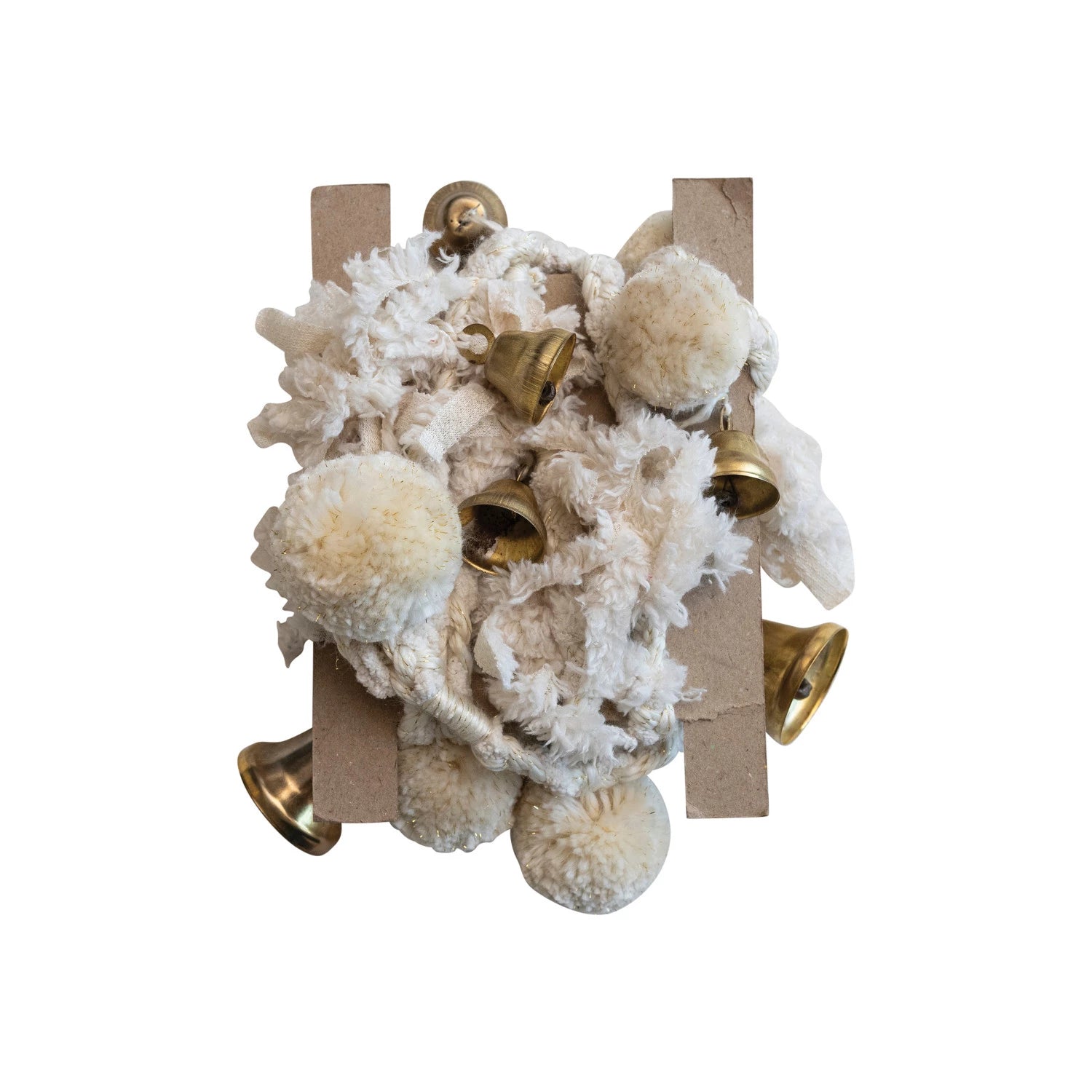 Handmade Wool & Cotton Blend Pom Pom & Bell Garland, Natural & Brass Finish