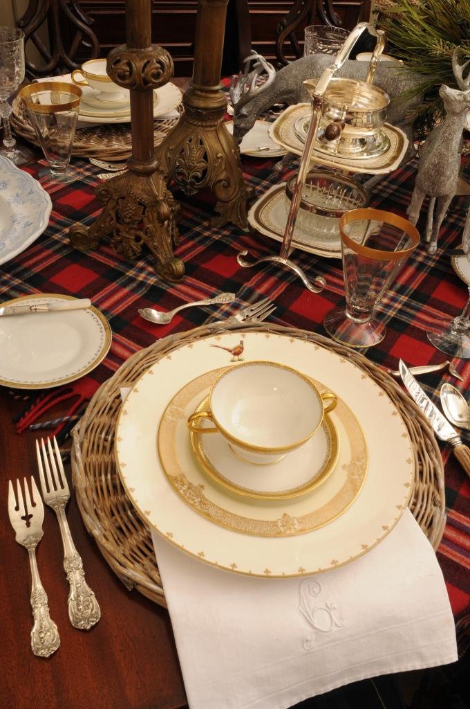 Create a wintry tablescape with white plates and napkins.