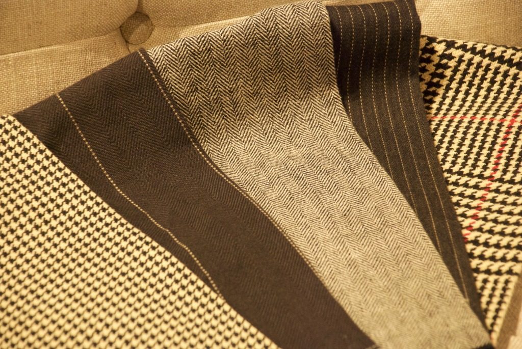 Strong and classic, these menswear fabric picks from Nell Hill's are a great base for a bed or furnishings. 