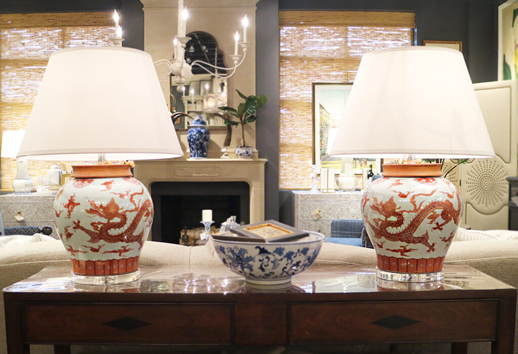 The detail on these burnt orange dragon lamps is impressive. They make for a striking table display with little else added.