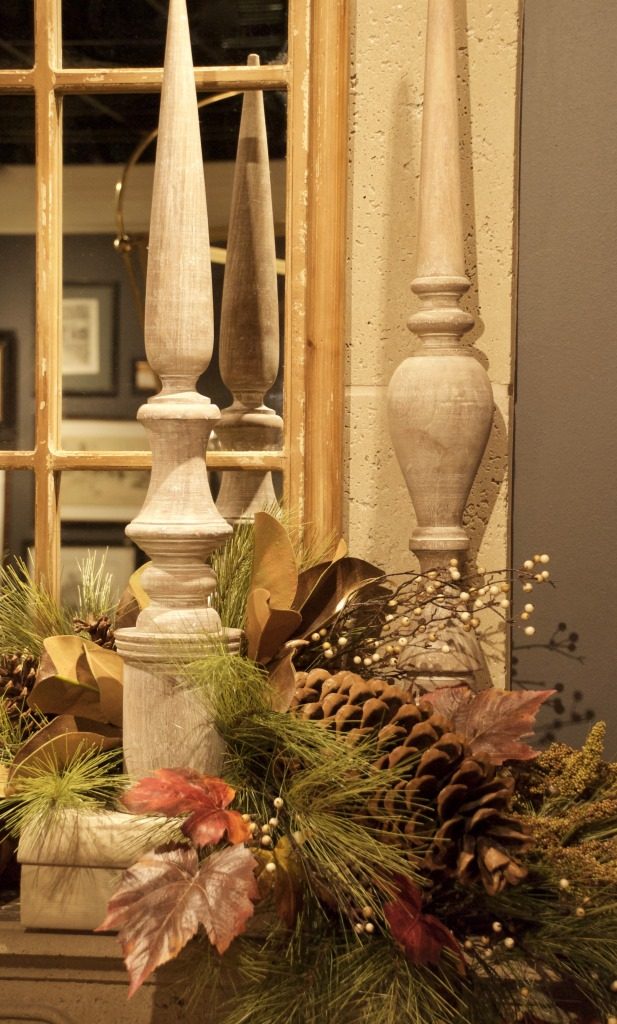 Tall finials add drama to this display.