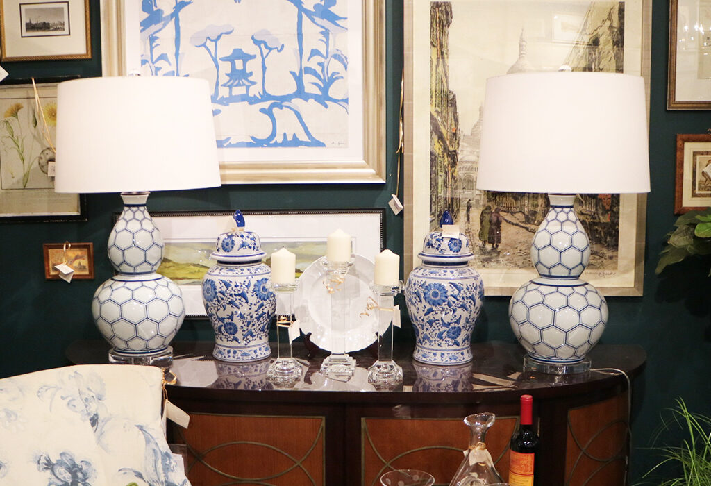 Lamps can be art also.  Don’t shy away from uniquely shaped lamps that add dimension to an otherwise classic tabletop. 