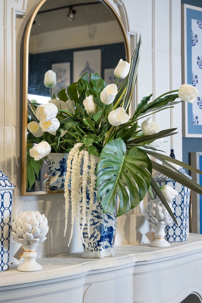 floral arrangement on mantel