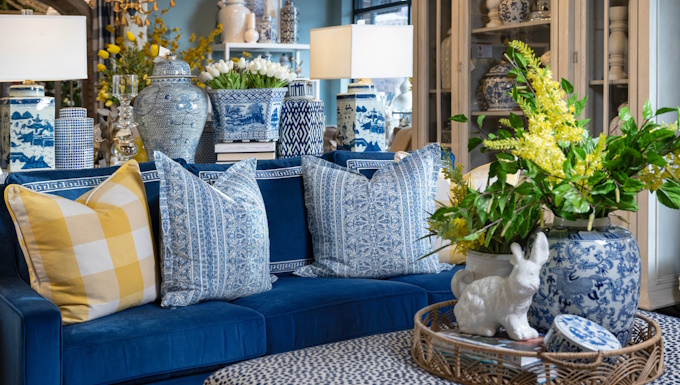 blue and yellow furniture and decor setup in showroom