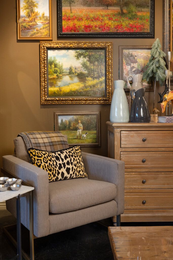 Note: This chair is upholstered with a brown and cream ticking stripe, which can look skewed in some photography! 